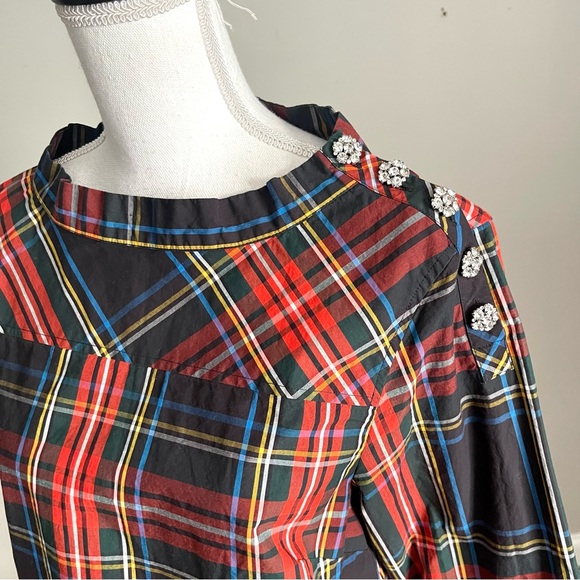 J. CREW | Plaid Rhinestone Button Shoulder Long Sleeve High-Low Top z 8 - Picture 6 of 12